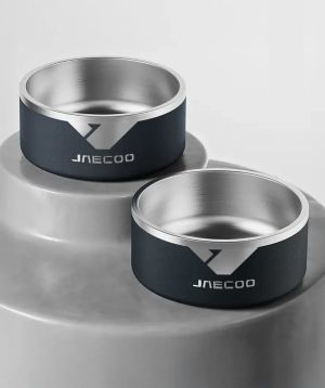 Two JAECOO pet bowls in different sizes, showing the branded outer sleeve