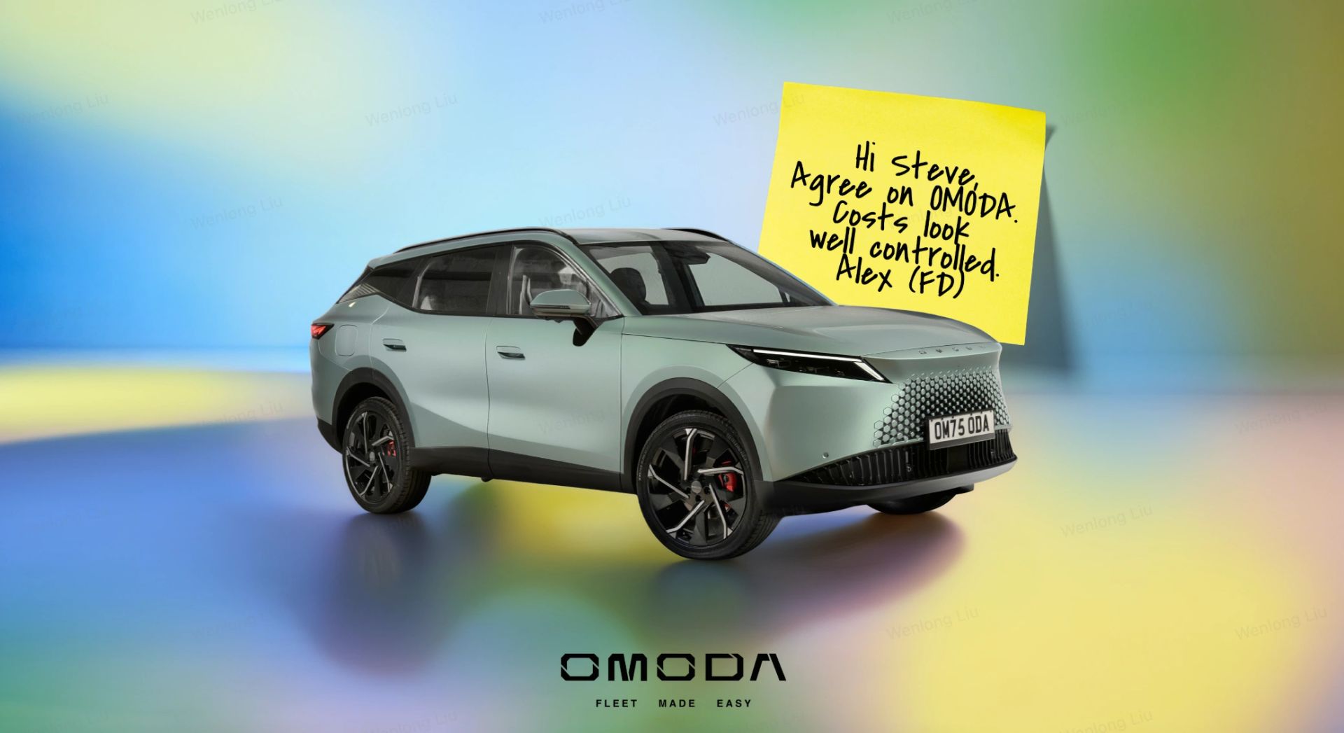 A sage-green OMODA SUV on a colourful gradient backdrop, with a hand-written sticky note approving OMODA as a fleet choice