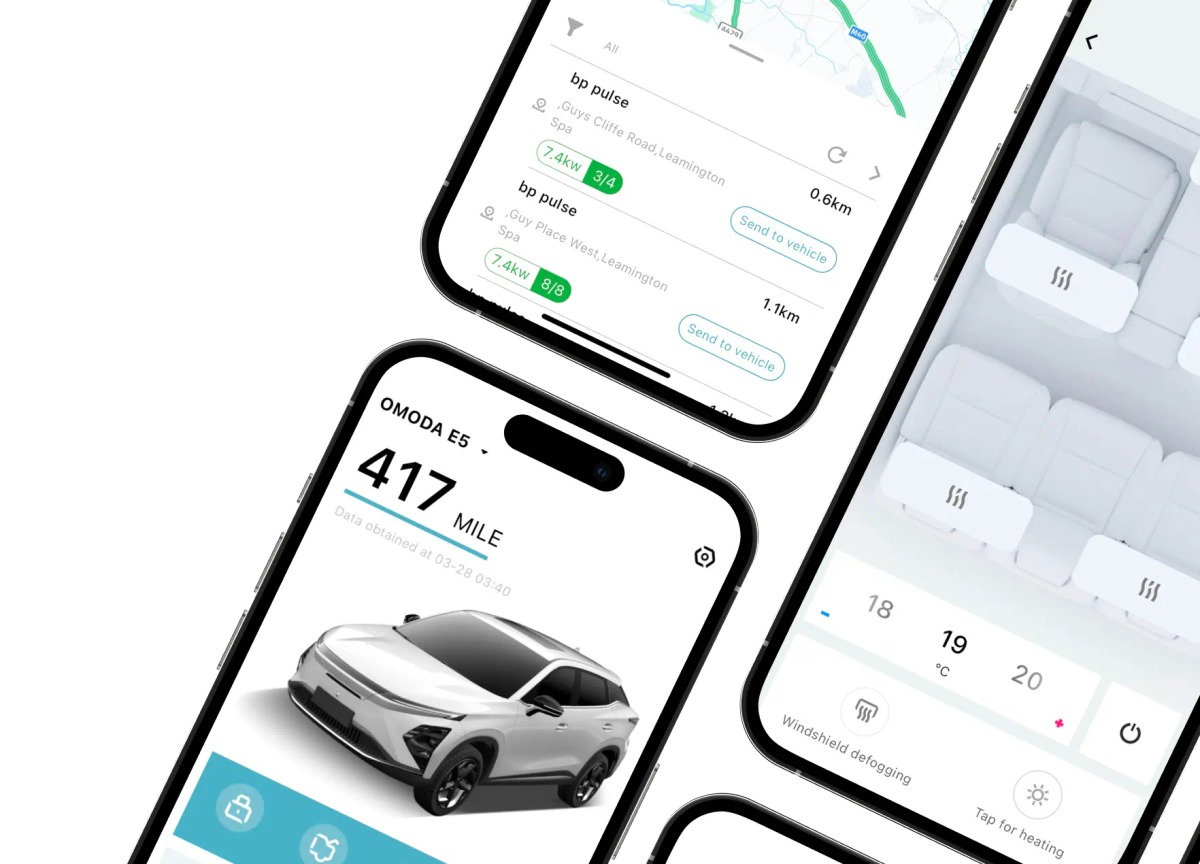 Smartphone screens showing the OMODA app with range, navigation and climate controls