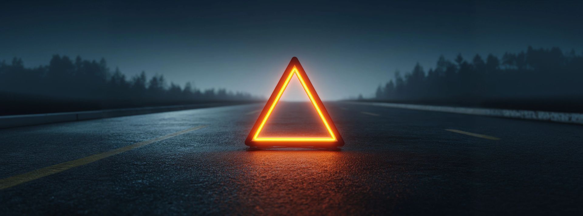 Roadside warning triangle glowing on a dark highway at night