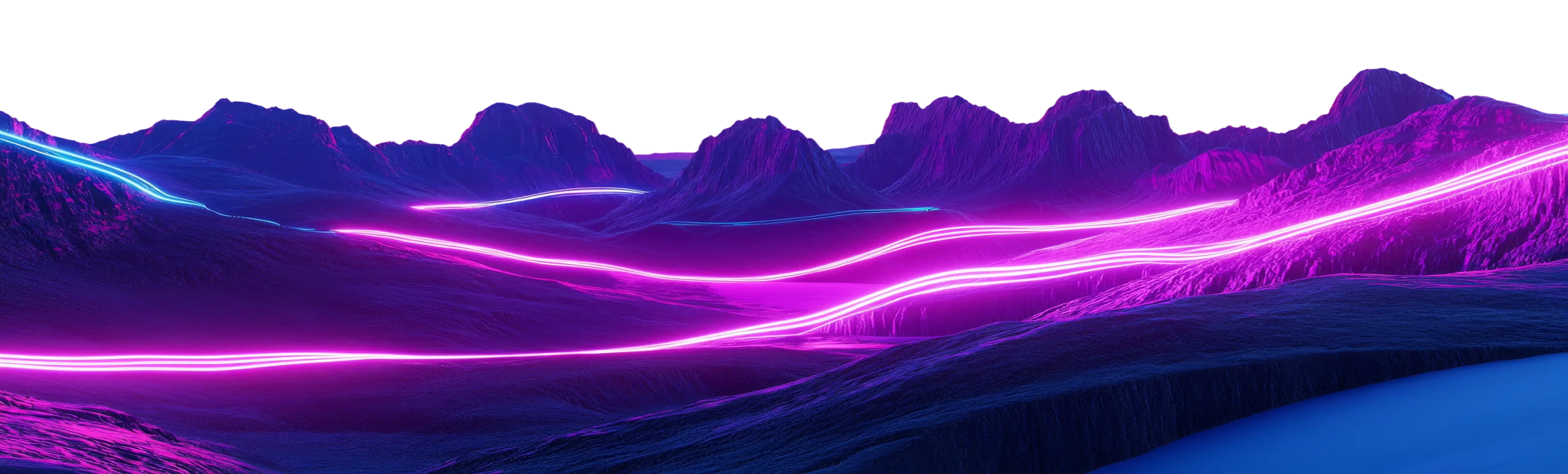 Neon-lit mountain range in the foreground