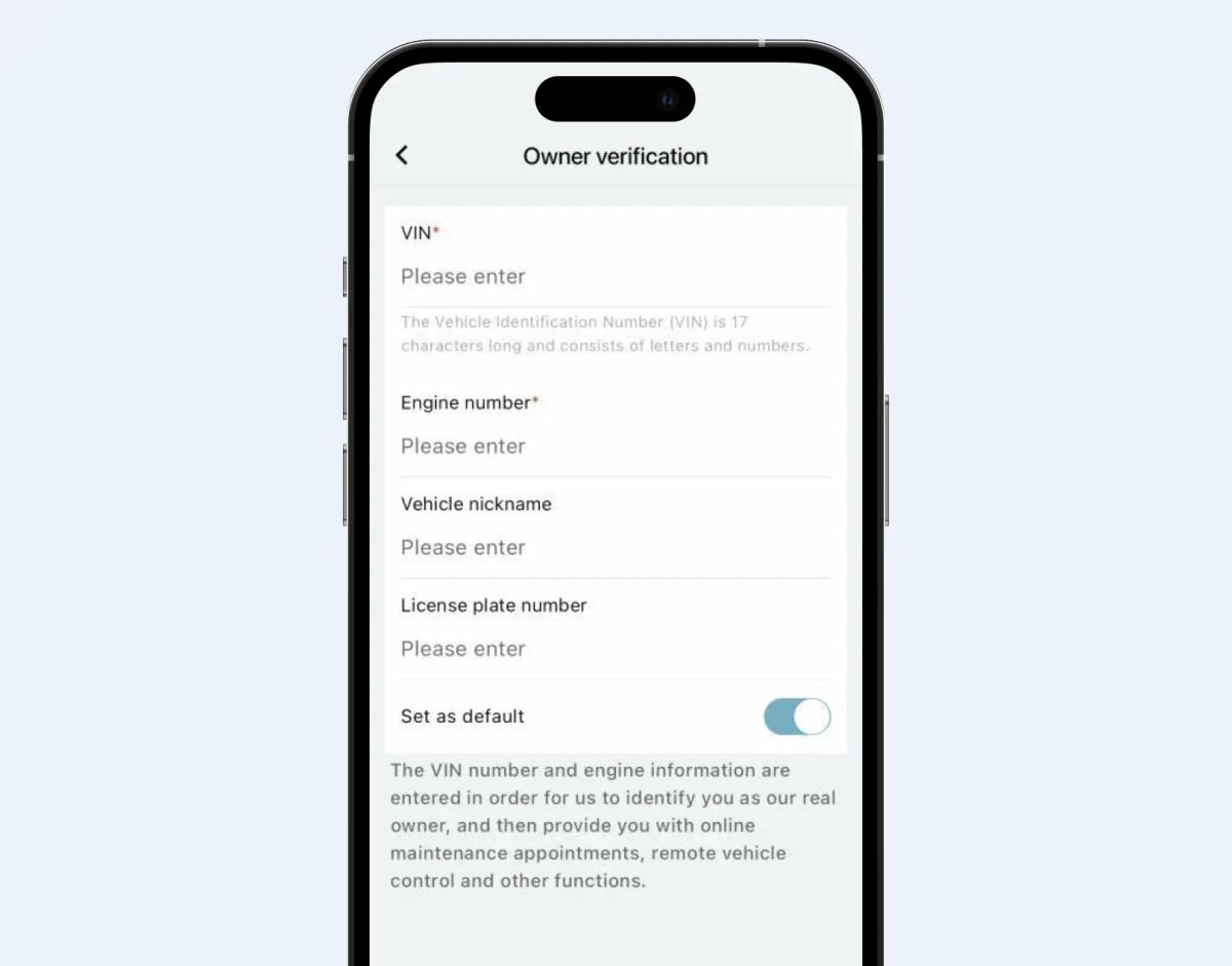 Smartphone screen showing the OMODA app's owner verification form with VIN field