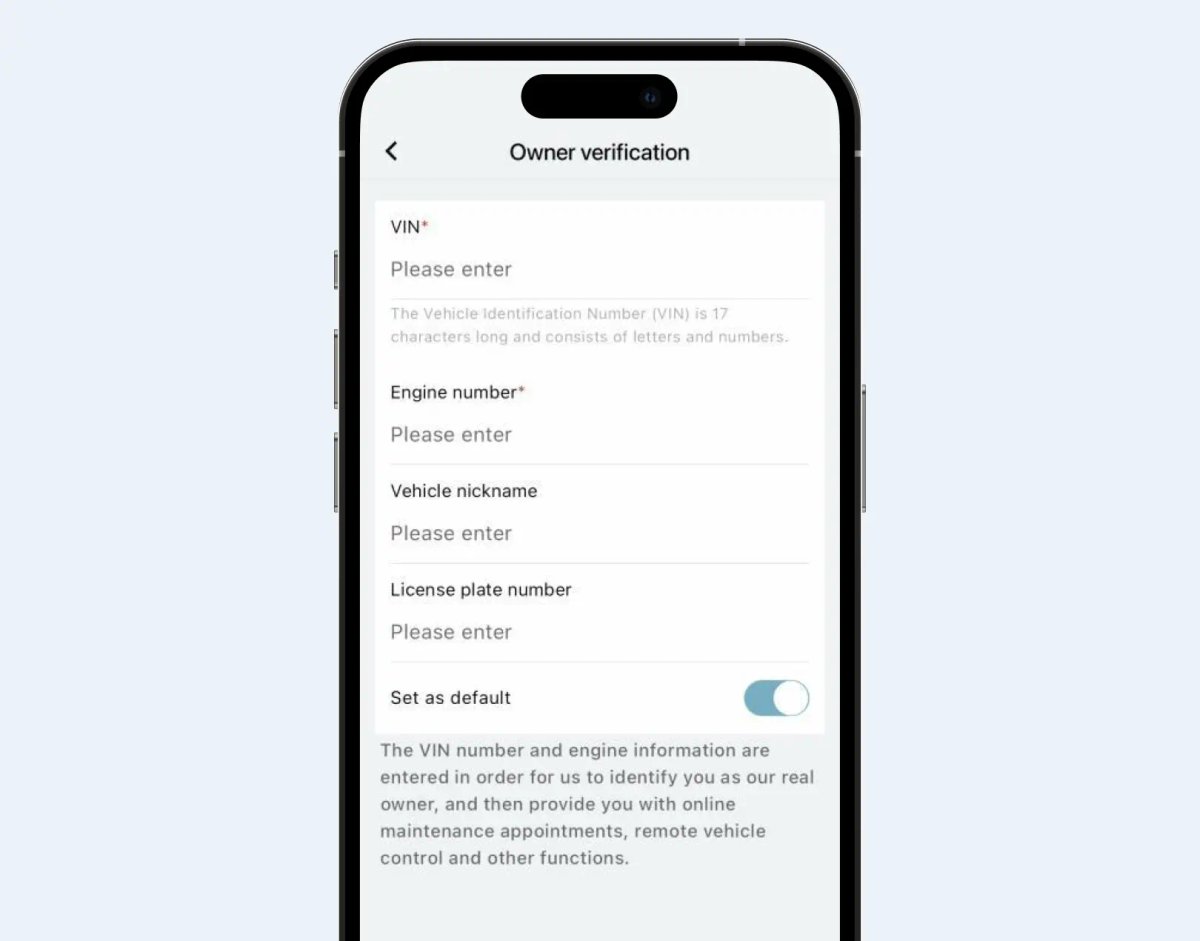 Smartphone screen showing the OMODA app's owner verification form with VIN field