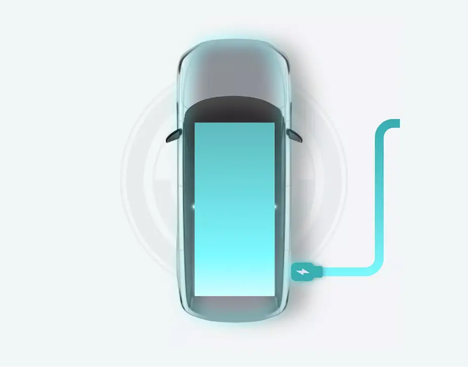 Illustrated top-down electric car with a glowing teal charging cable