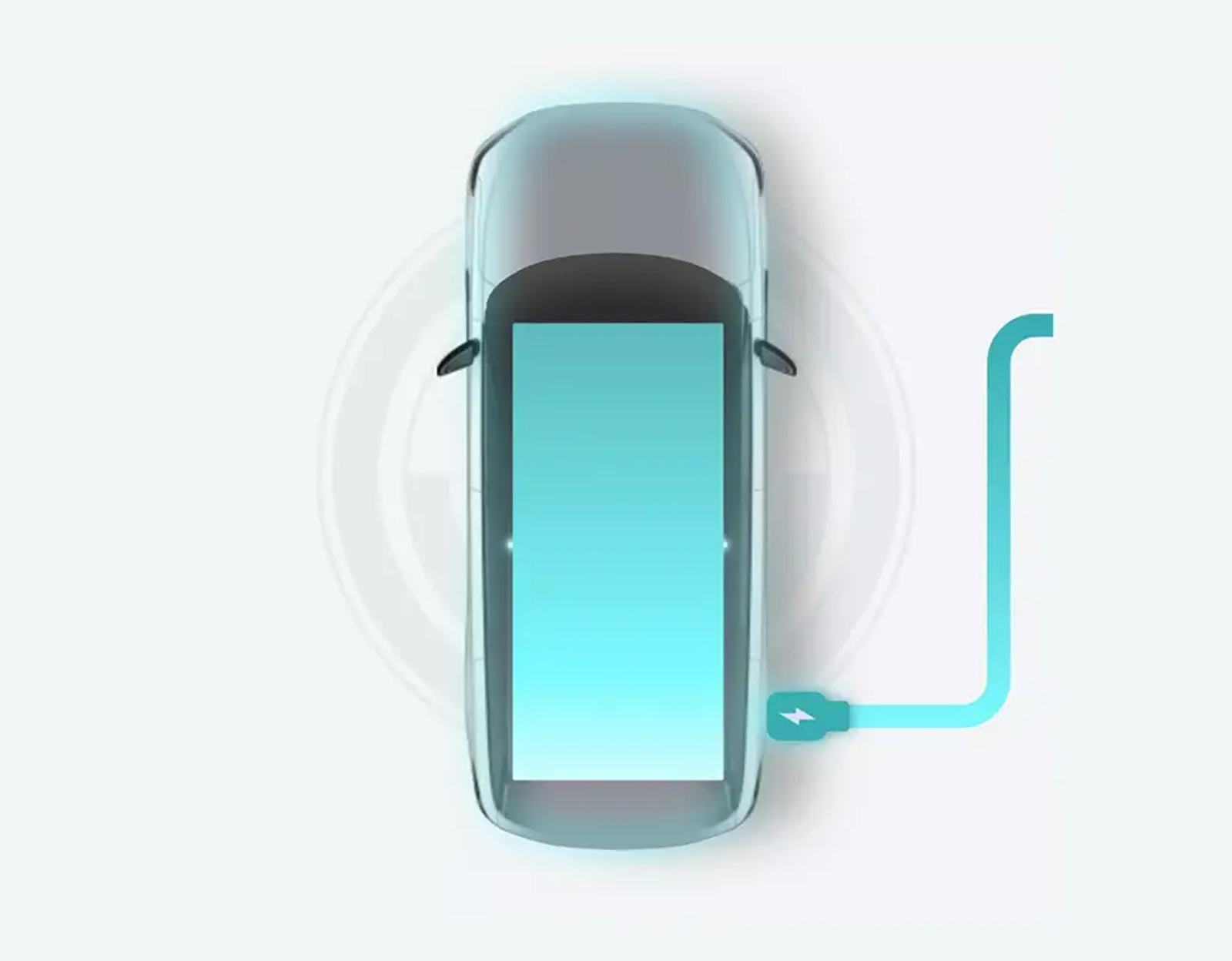 Illustrated top-down electric car with a glowing teal charging cable