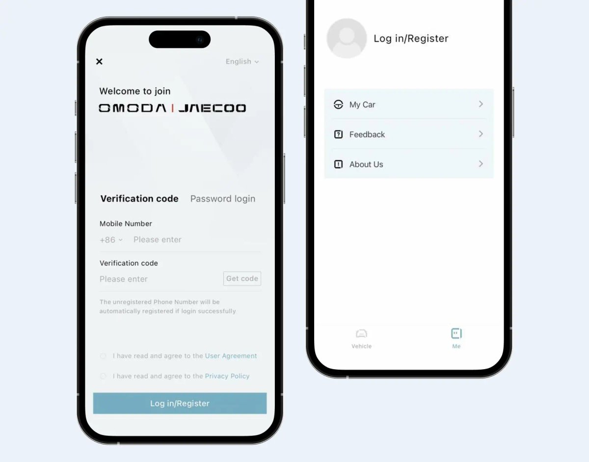 Two smartphone screens showing the OMODA JAECOO app login and account menu