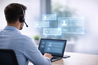 Customer service adviser wearing a headset while working at a laptop