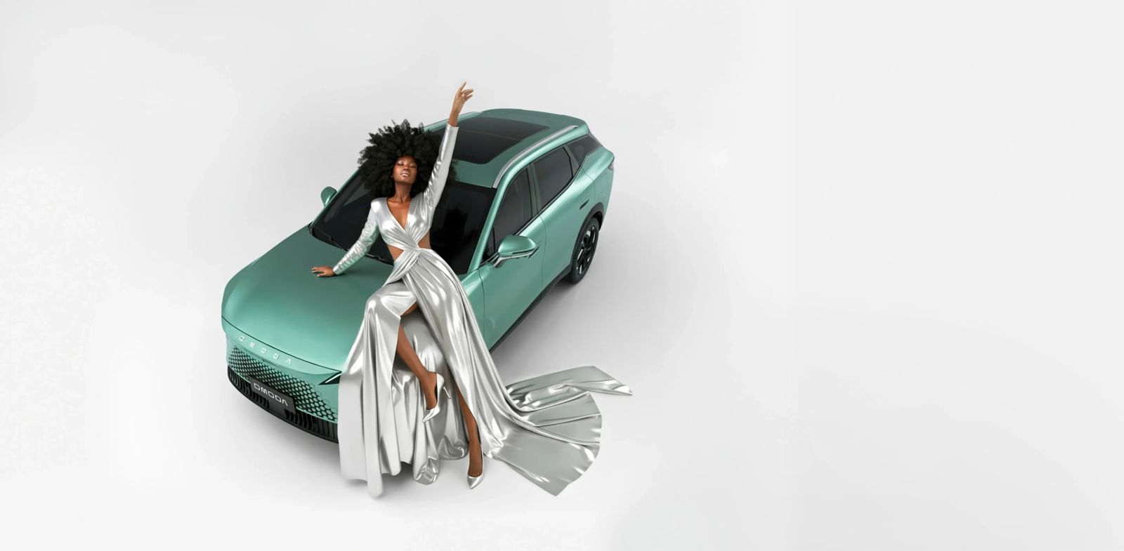 Model in a silver gown beside a green OMODA SUV