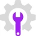 Purple spanner icon inside a grey cog on white background