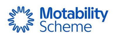 Motability Scheme logo with blue pinwheel symbol and wordmark