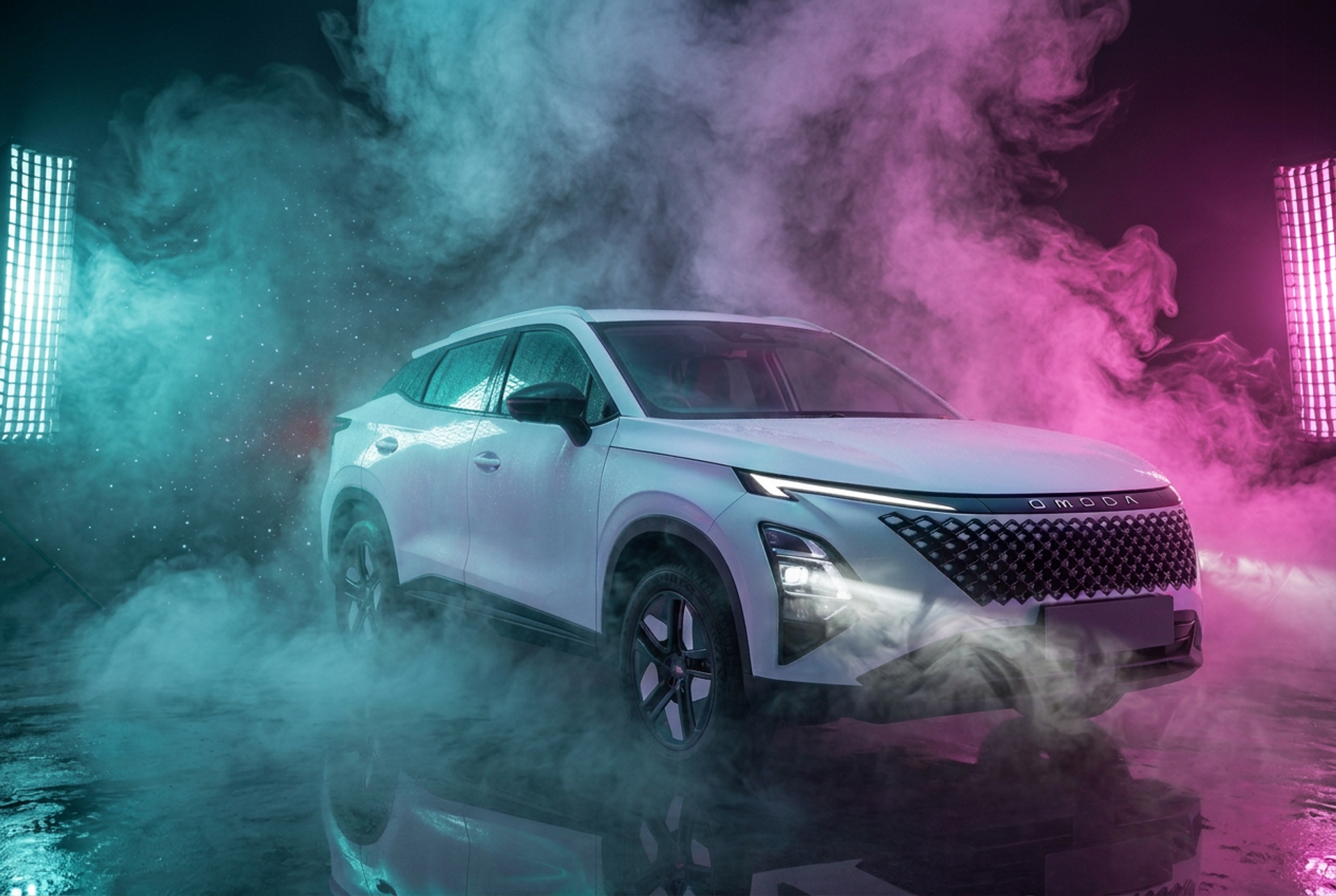 OMODA 5 in white amid coloured studio smoke and fog