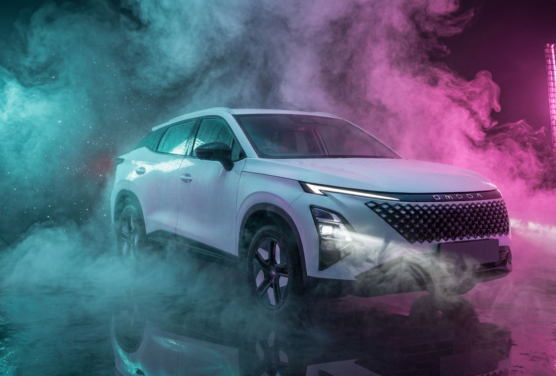 OMODA 5 in white amid coloured studio smoke and fog
