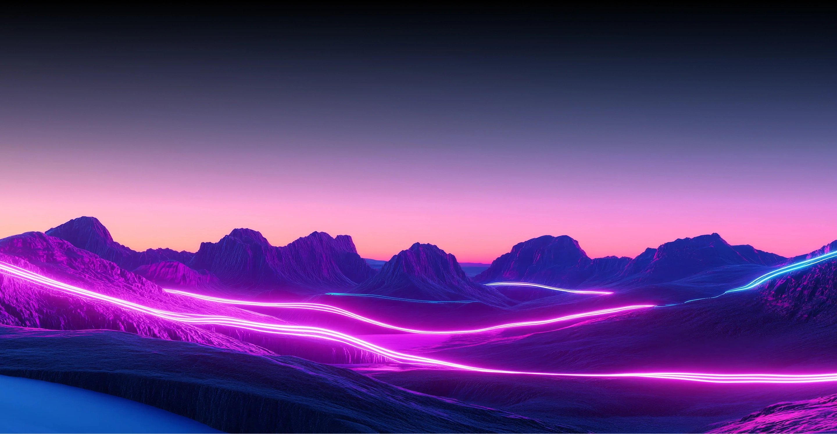 Neon-lit mountain landscape at dusk