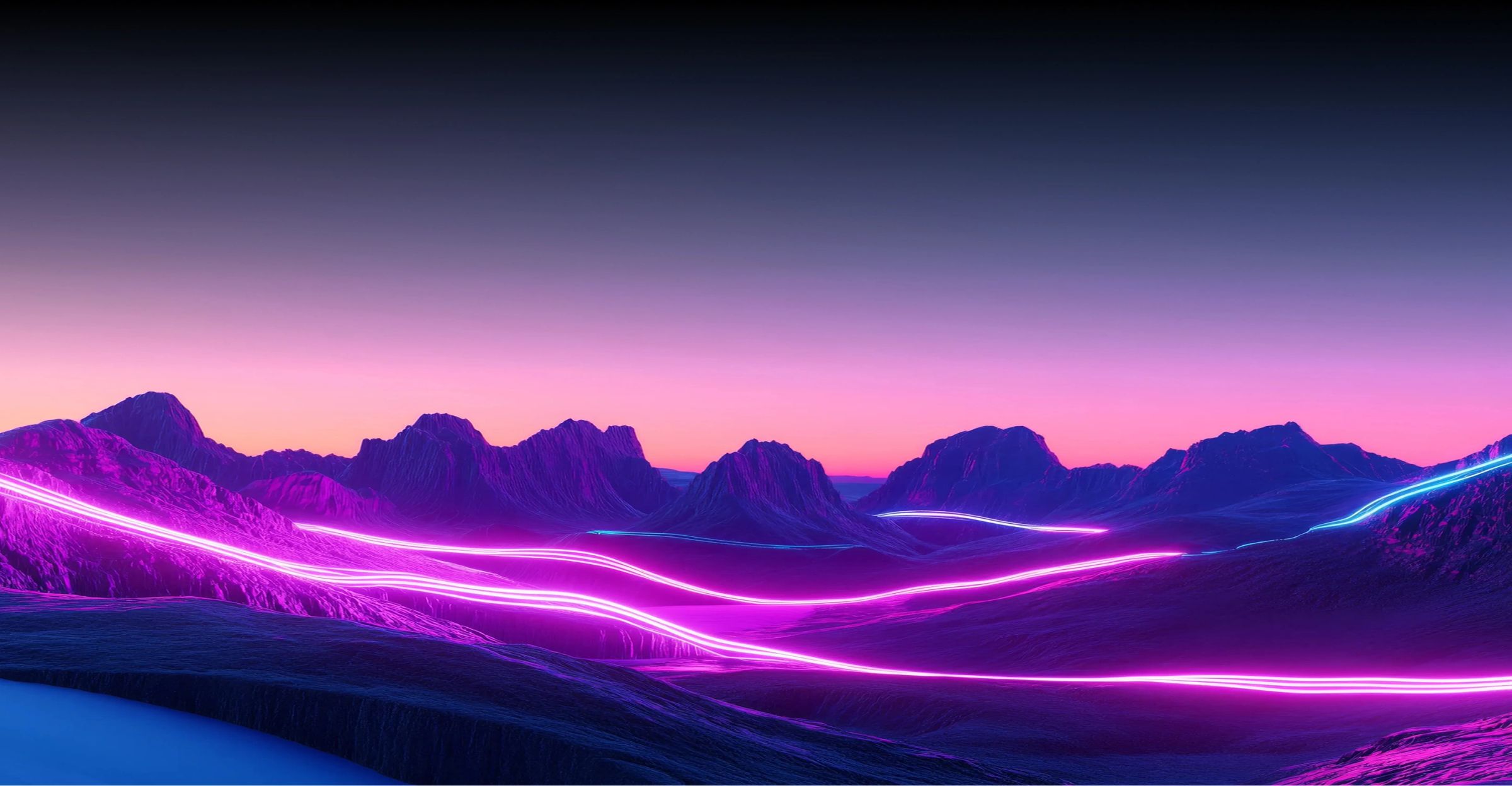 Neon-lit mountain landscape at dusk