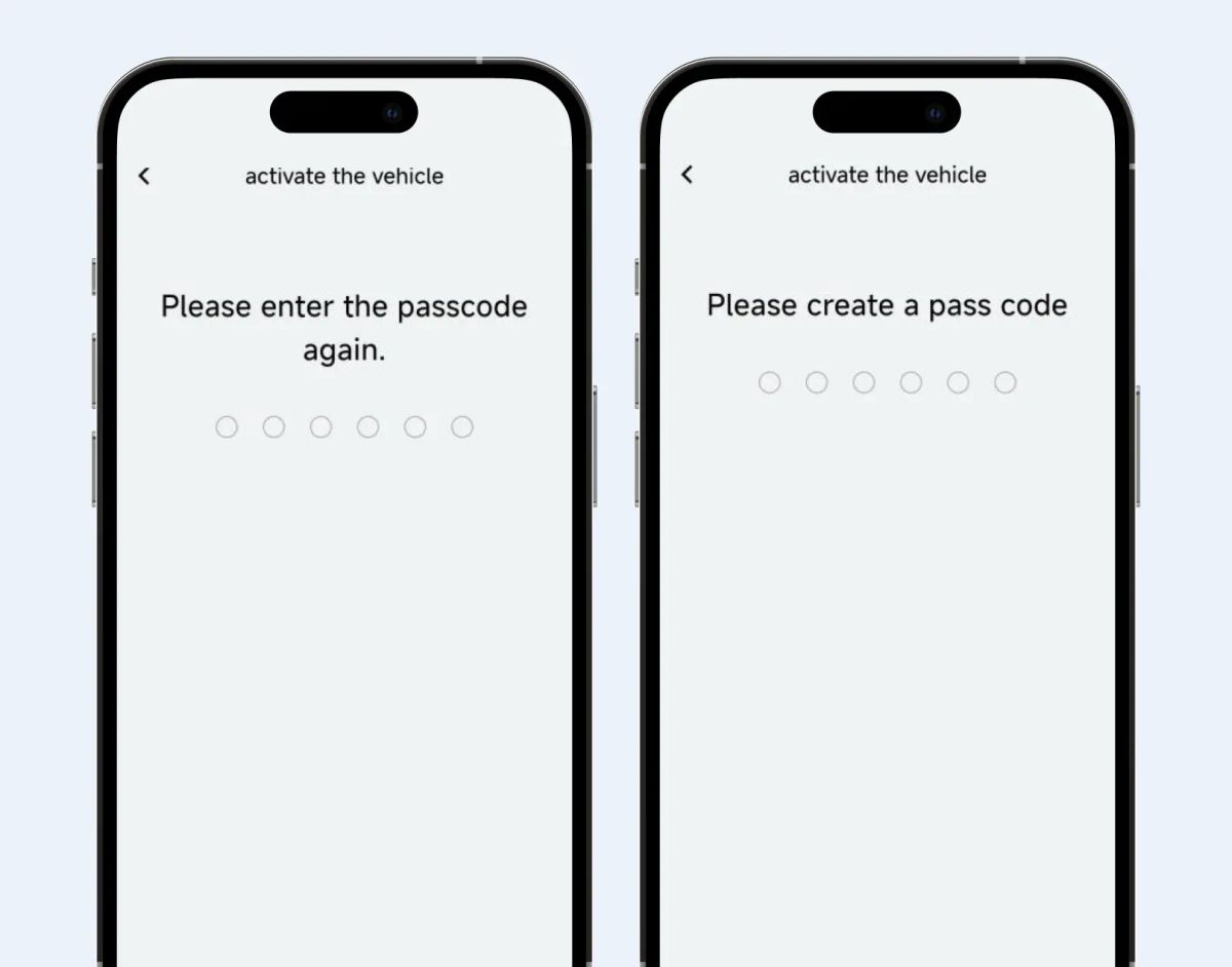 Two phone screens showing OMODA app passcode entry during vehicle activation