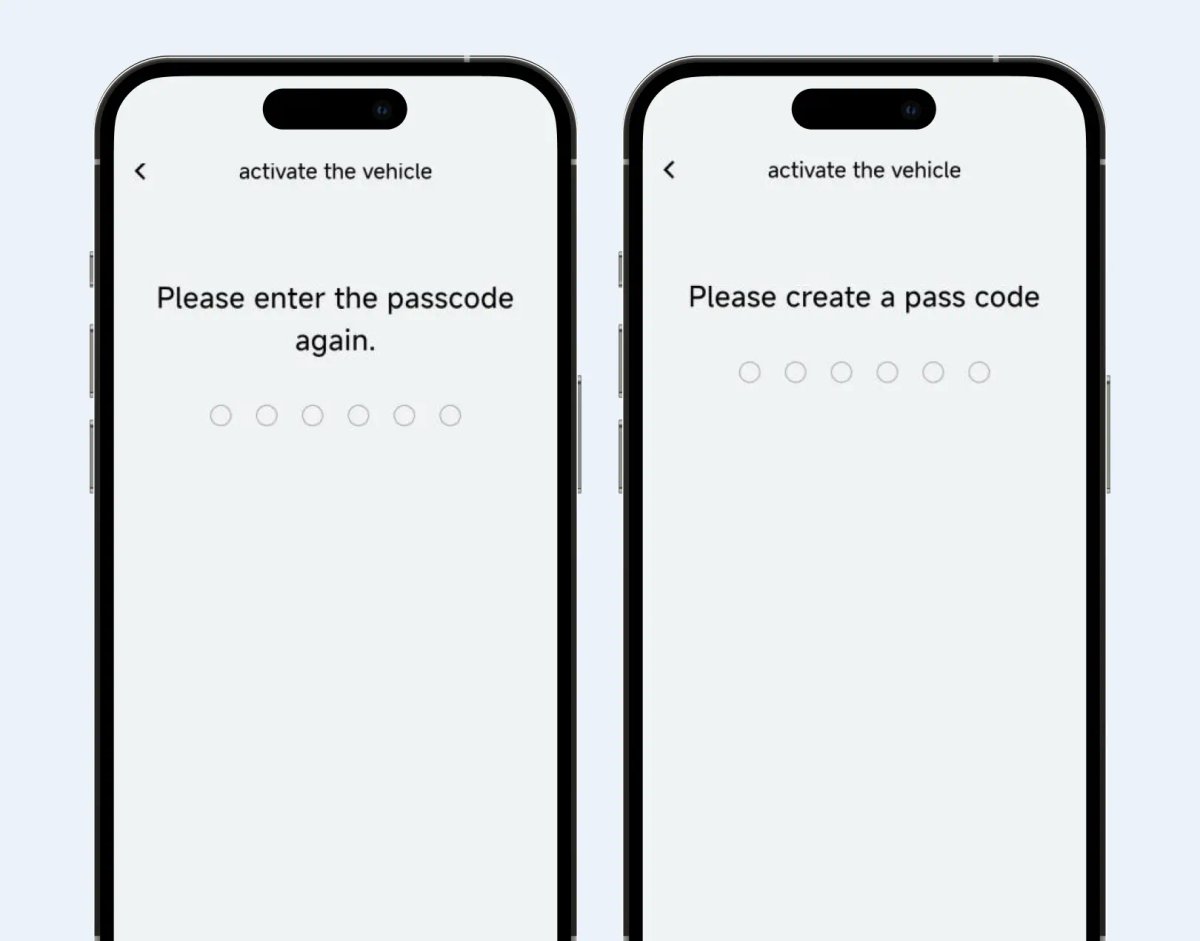 Two phone screens showing OMODA app passcode entry during vehicle activation