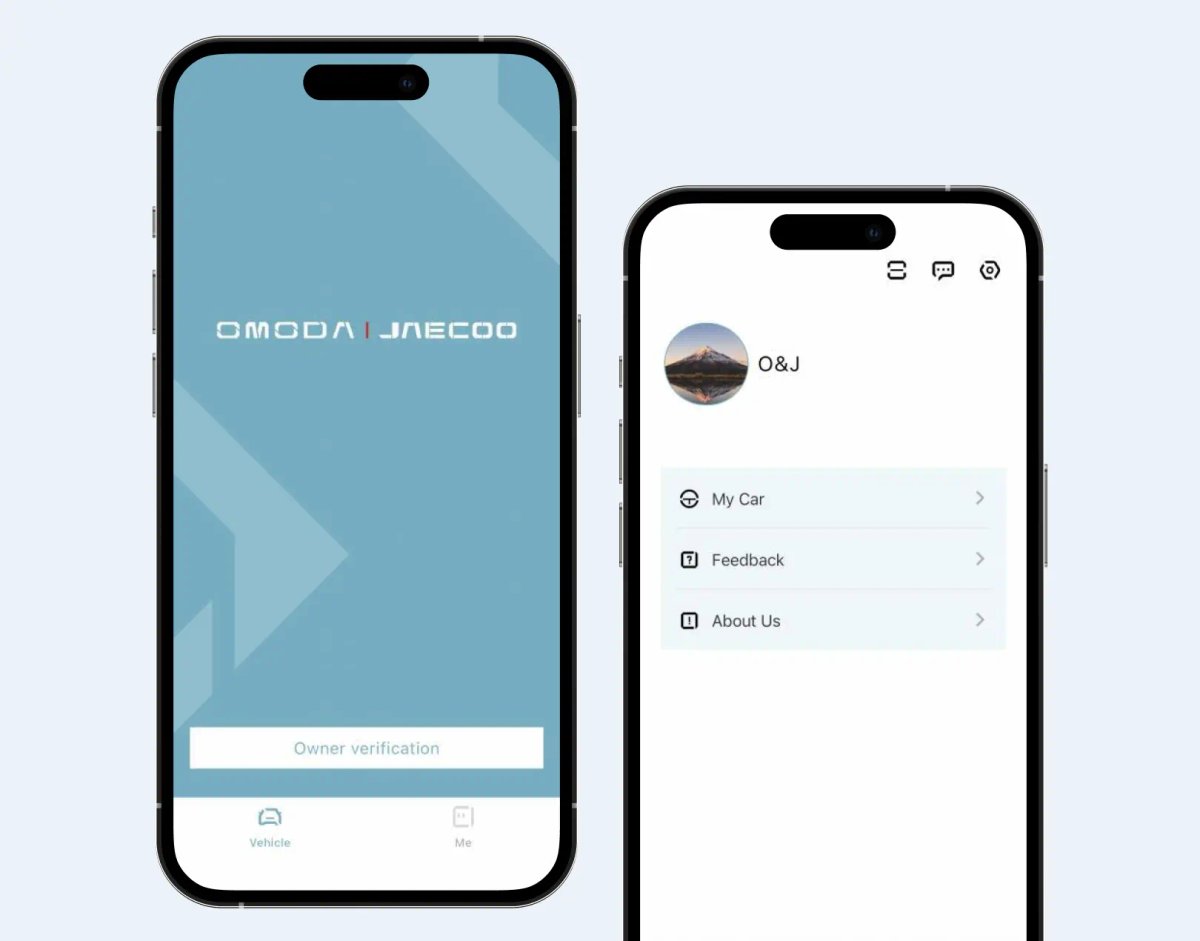 Two phone screens showing the OMODA JAECOO app splash screen and account menu