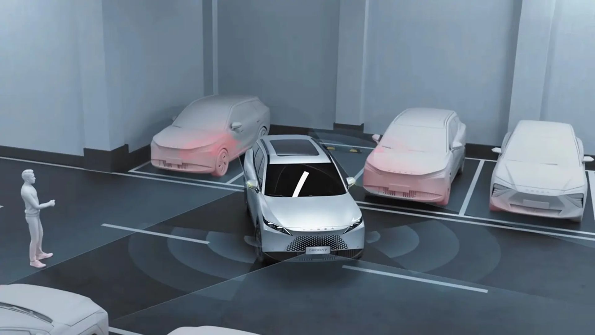 Person uses a key fob to remotely reverse an OMODA 7 into a parking space