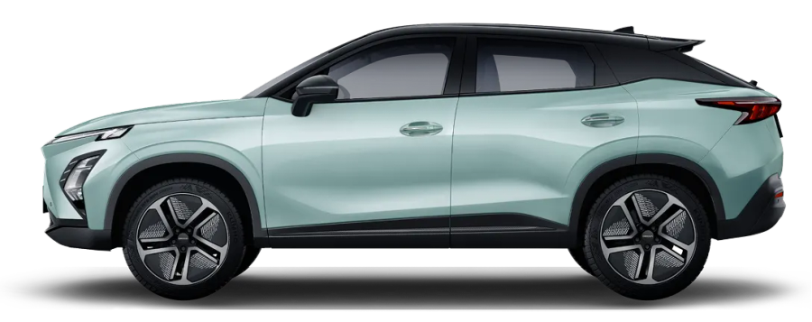Pale mint OMODA SUV shown side-on against a plain black studio background