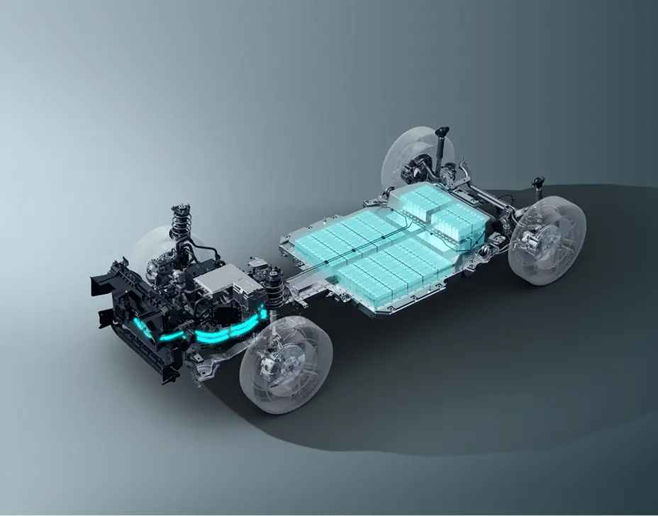 Exploded diagram of an OMODA electric vehicle chassis with motor and battery pack
