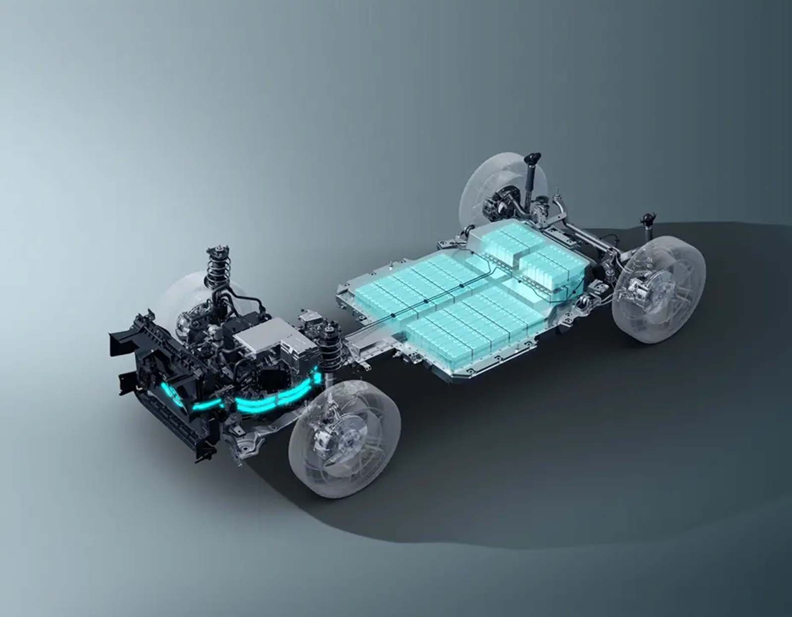 Exploded diagram of an OMODA electric vehicle chassis with motor and battery pack