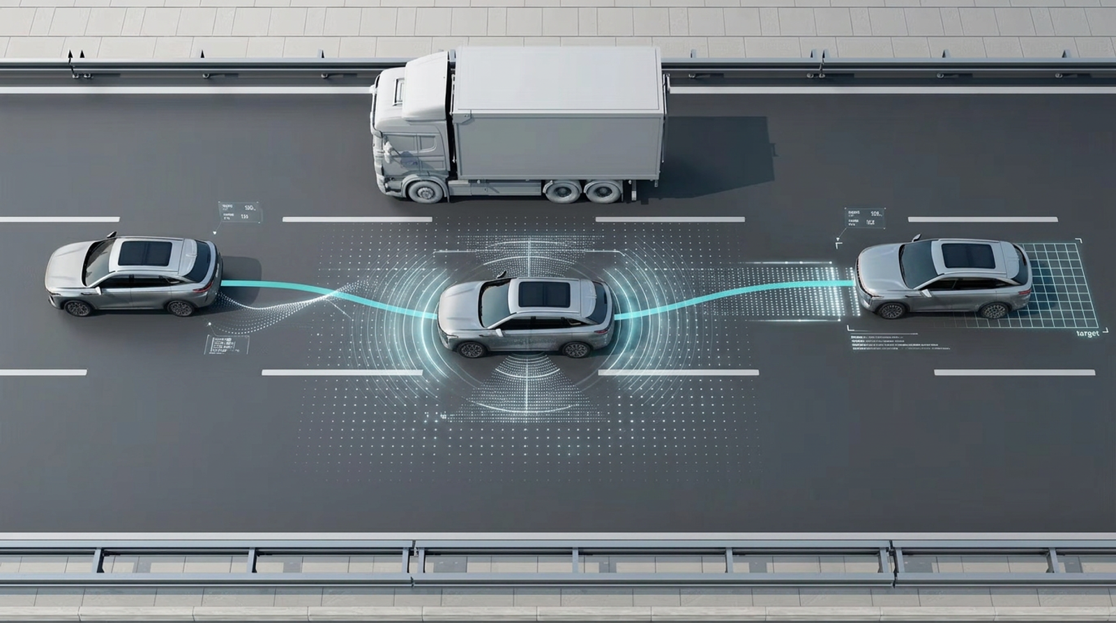 OMODA 5 driver-assistance systems tracking traffic on a highway