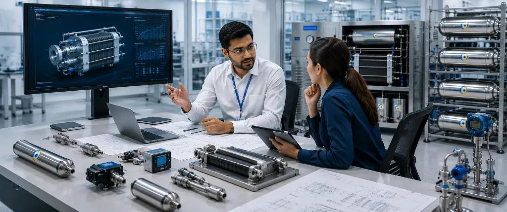 Hydrogen lab engineers discussing system design Hydrogen lab engineers discussing system design