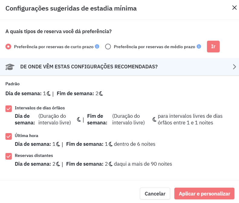 Configurações sugeridas de estadia mínima