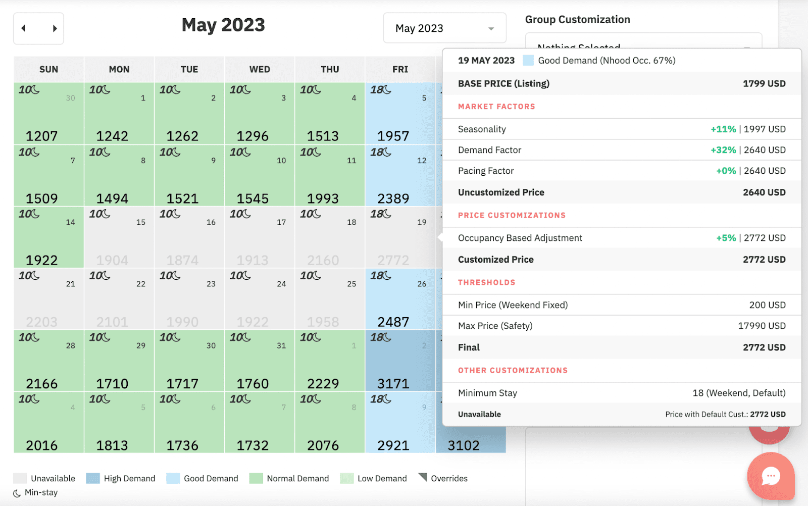 PriceLabs Calendar View gives a monthly rate prediction view