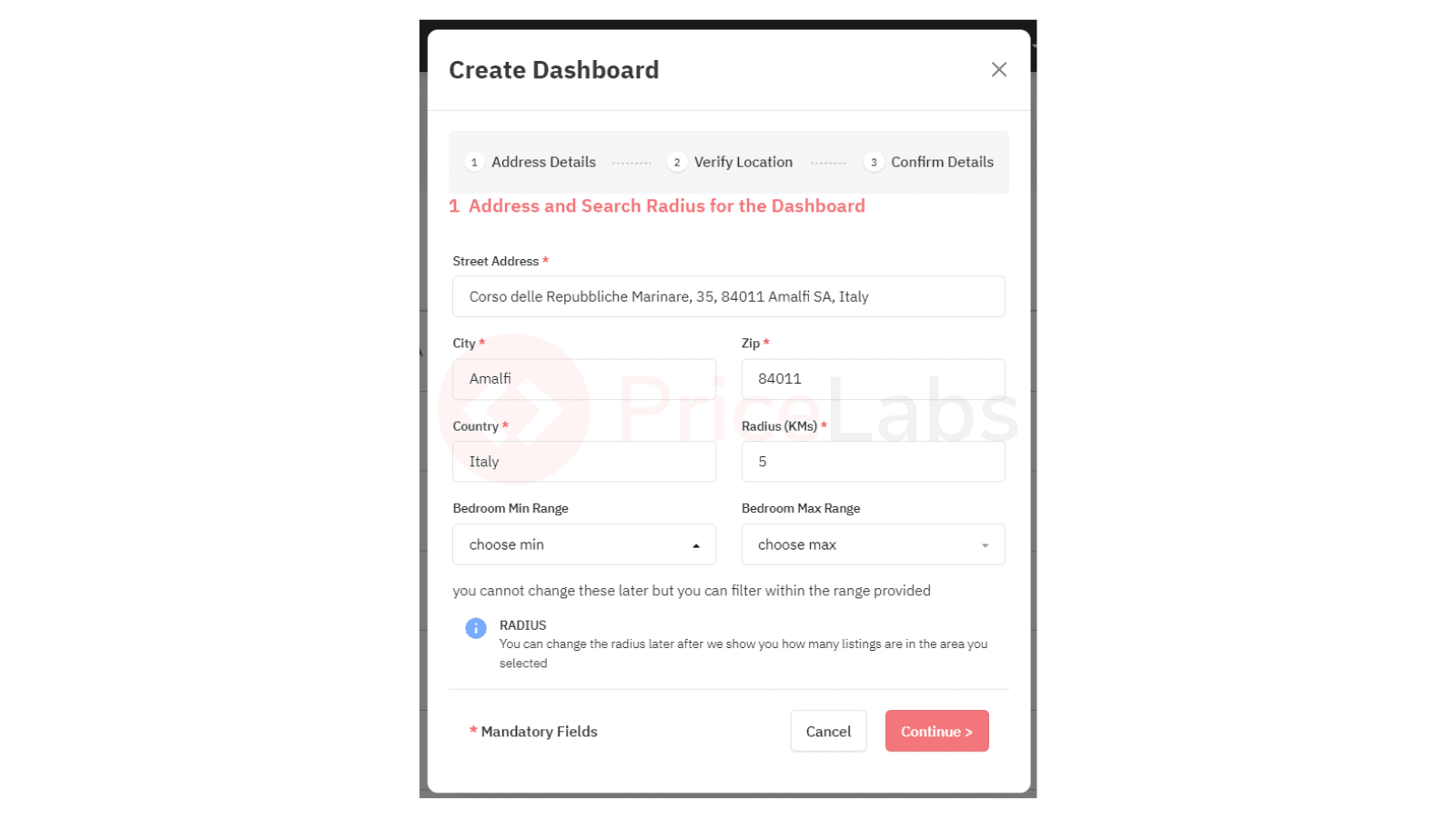 Informazioni sulla regione nella Market Dashboard Pricelabs per analizzare i prezzi di airbnb