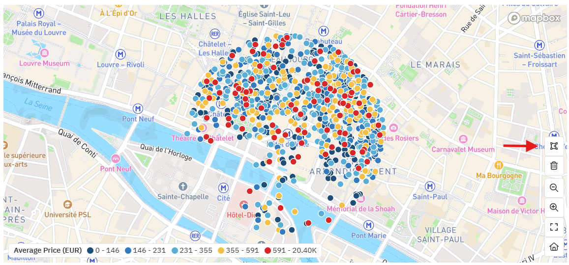 comp set selection in market dashboard using the map in the Airbnb comparison tool
