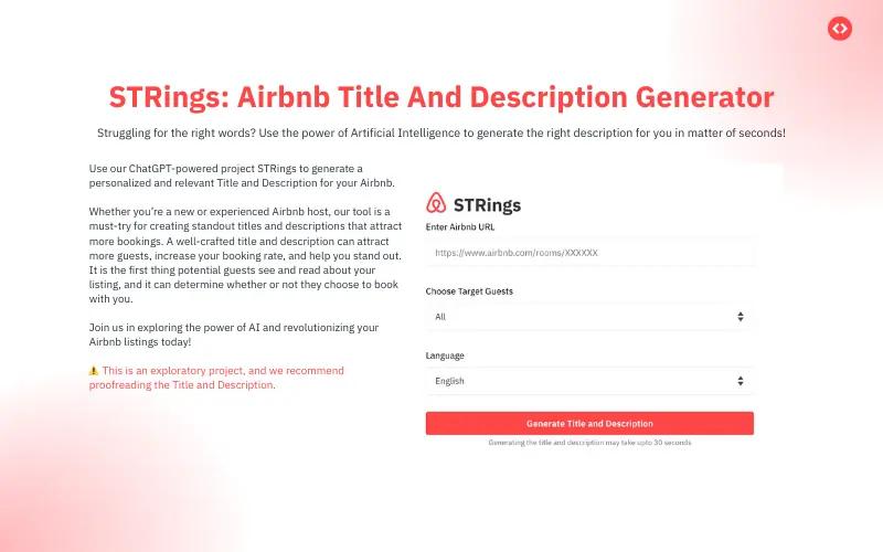 Use STRings: PriceLabs gratuito Airbnb gerador de título e descrição para criar descrições otimizadas para SEO