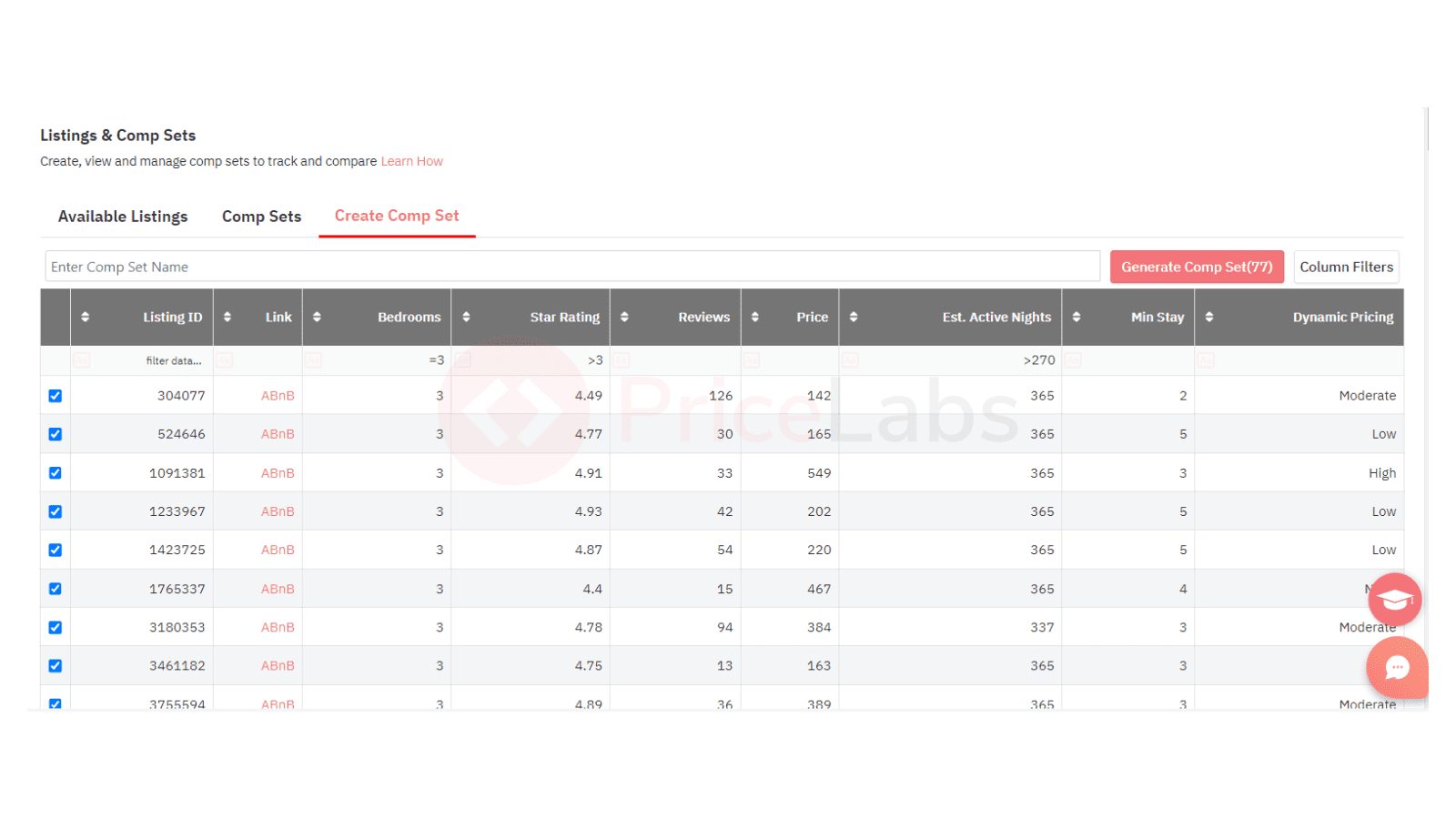 Crea un comp set nella Market Dashboard Pricelabs per analizzare i prezzi di airbnb
