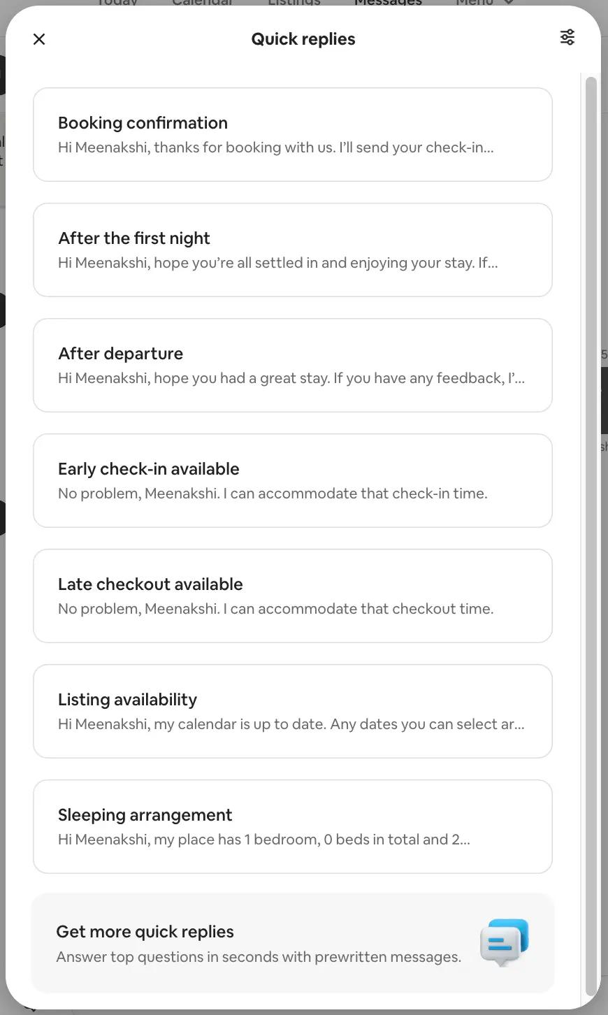 quick replies in airbnb messages