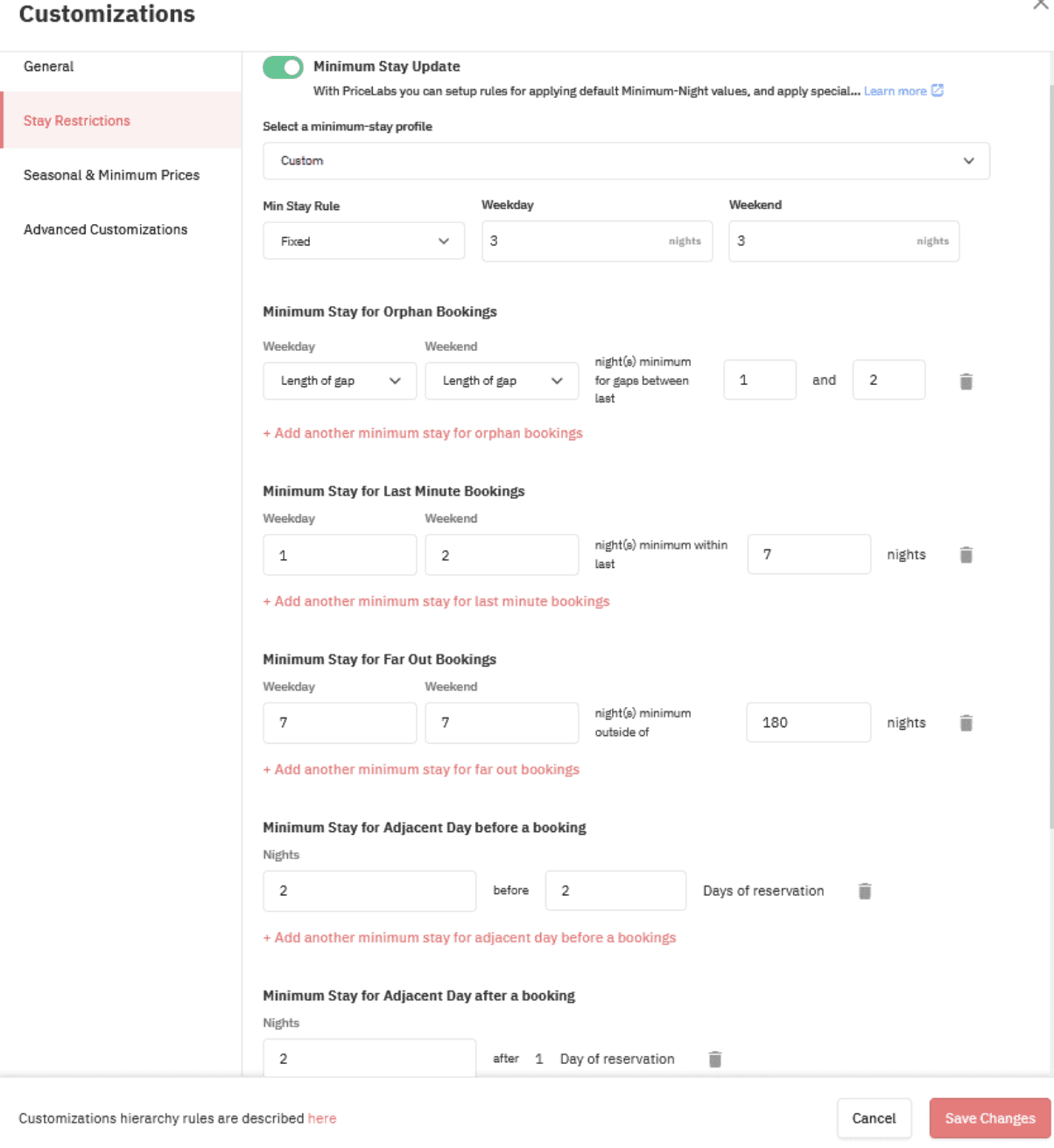 Personalizações de restrição de estadia mínima