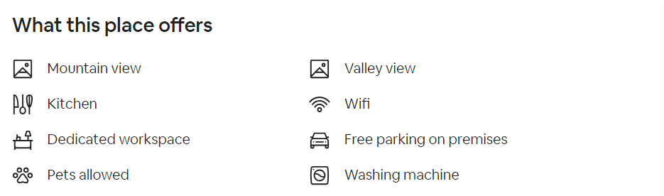 Uma captura de tela mostrando as comodidades oferecidas por um aluguel do Airbnb