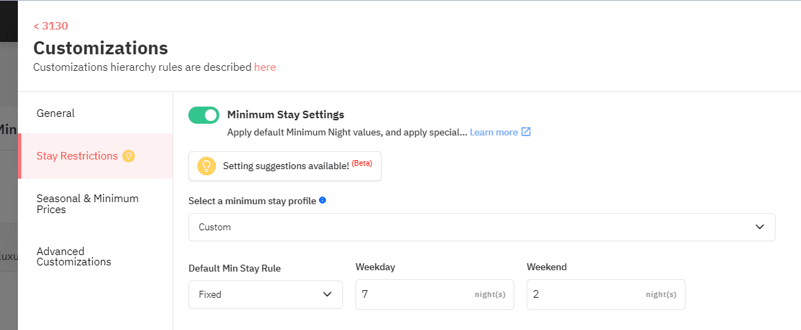 Configuración de estadía mínima en las personalizaciones de Pricelabs
