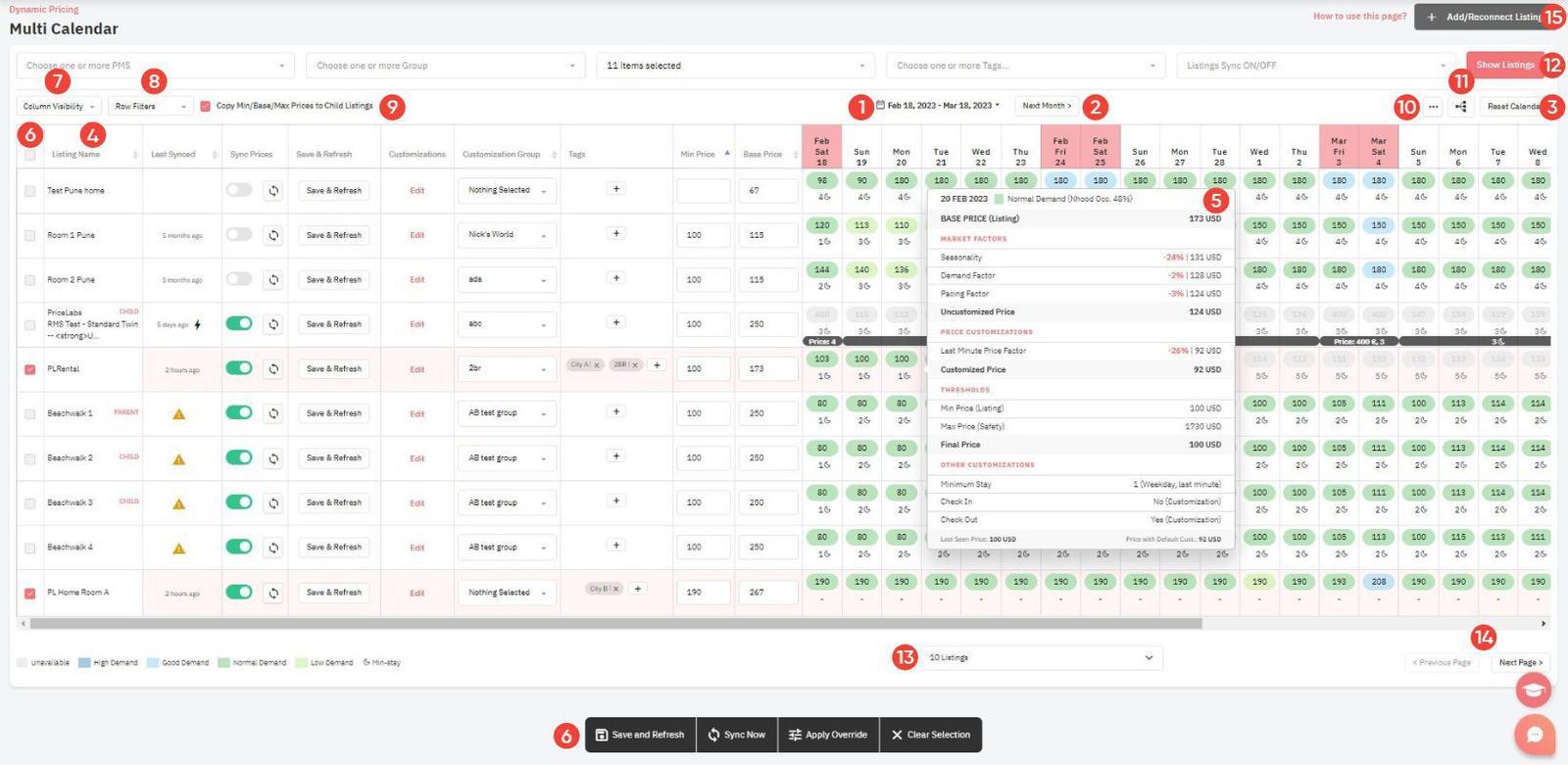 Calendario multiplo Pricelabs