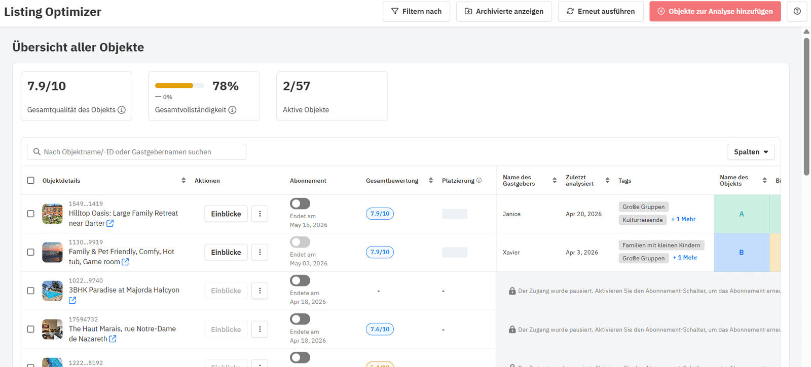 Listing Optimizer-Dashboard mit KI-Vorschlägen.