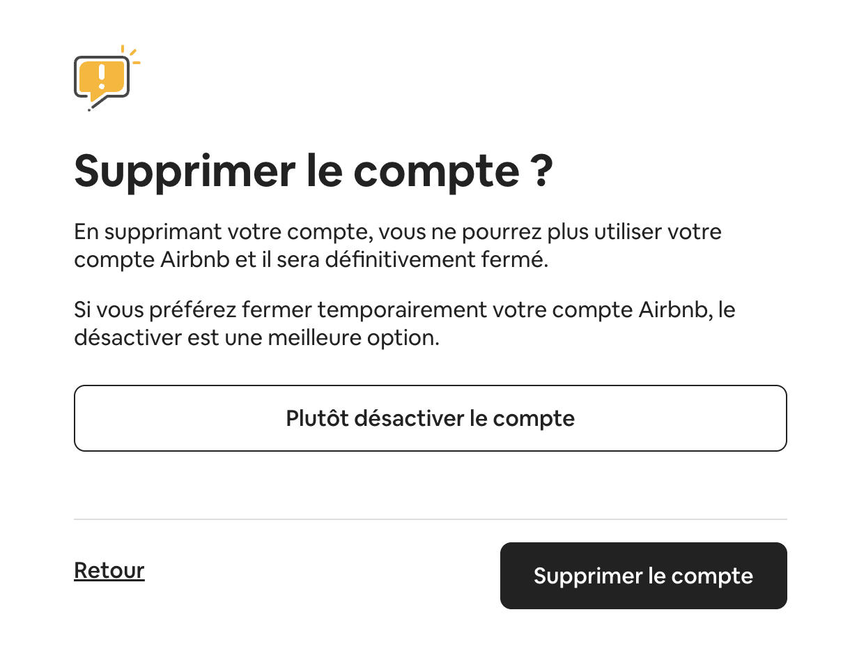 confirmer supprimer compte airbnb