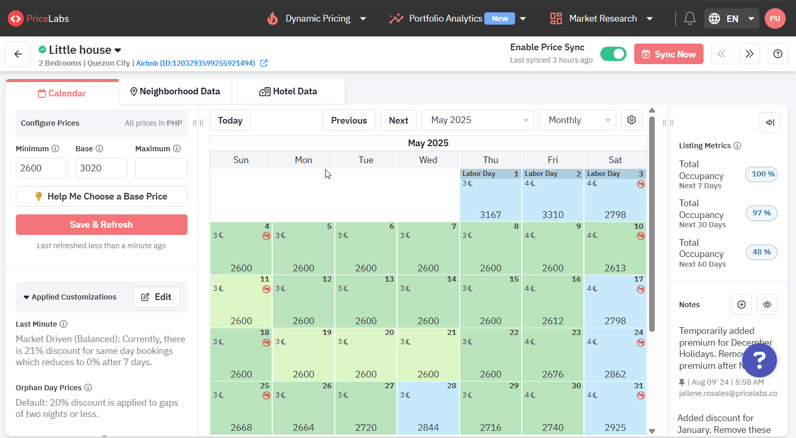 PriceLabs Date Specific Override