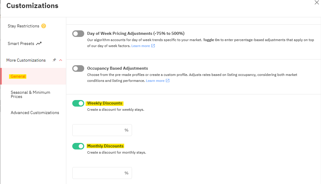 Weekly and Monthly Discounts PriceLabs Customization