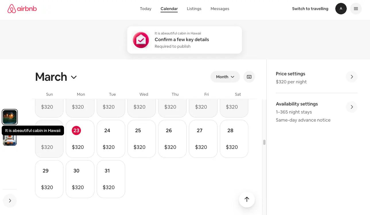 Página do calendário do Airbnb para uma propriedade