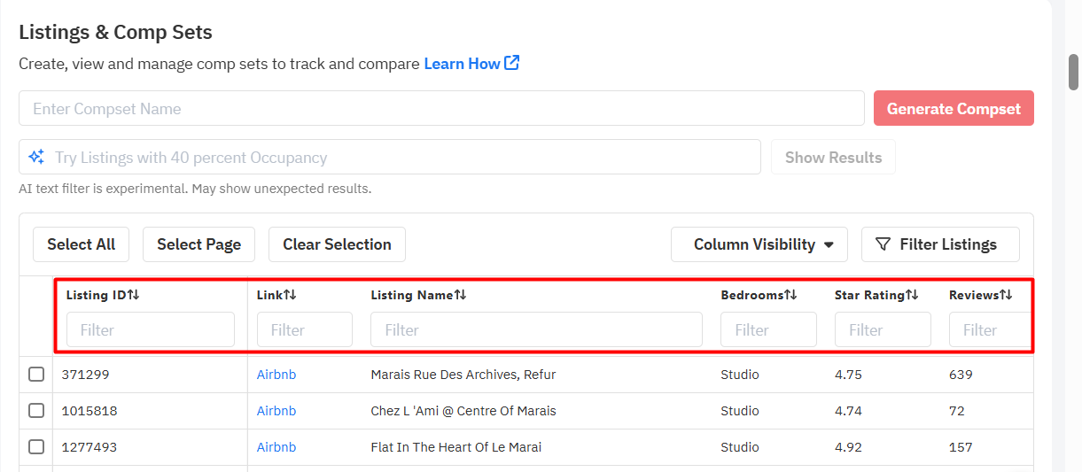 filter listings in comp sets Airbnb comparison tool