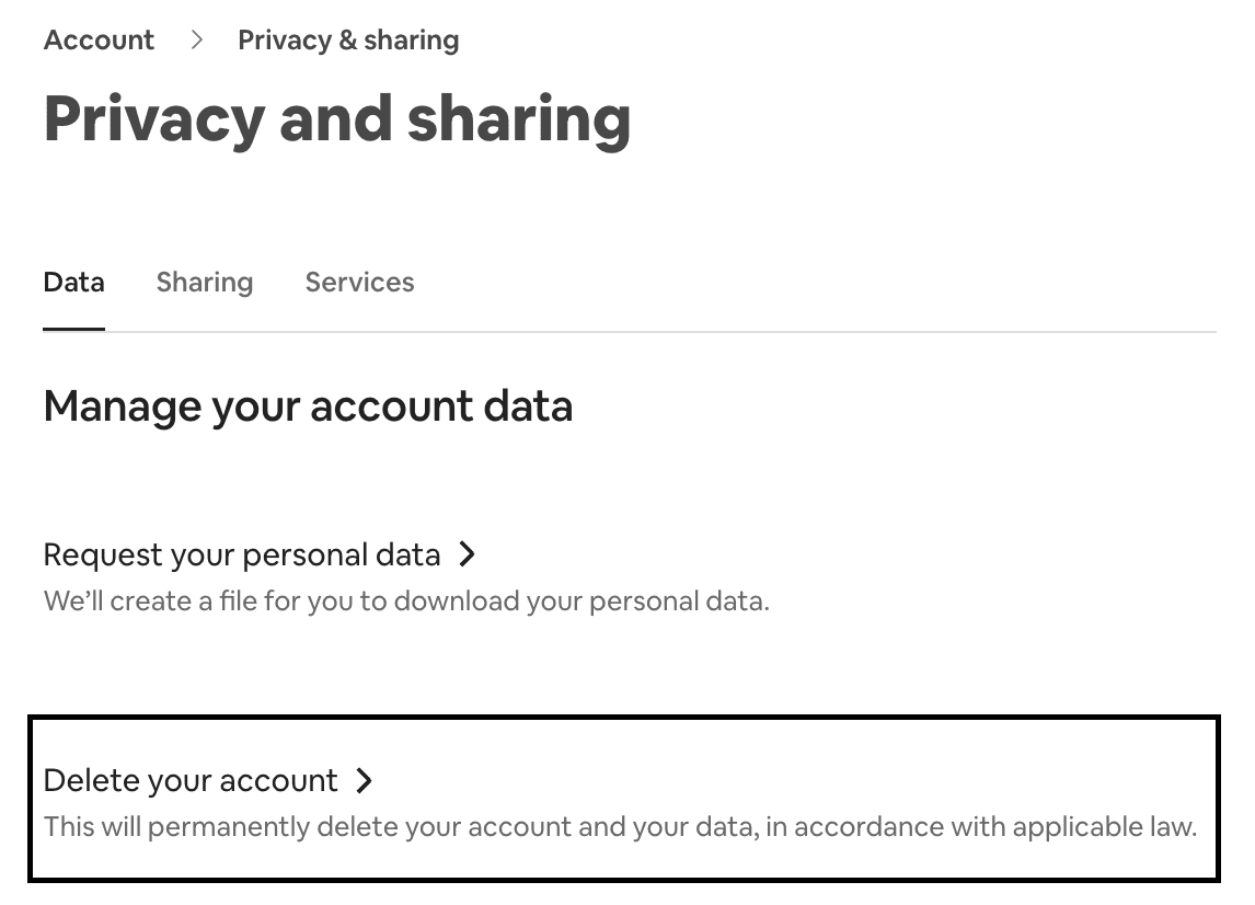 Excluir sua conta do Airbnb está em privacidade e compartilhamento