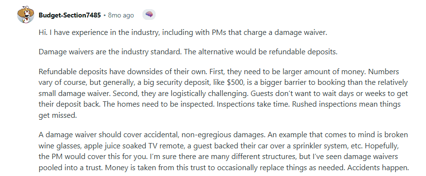 A Reddit user recommends opting for a damage waiver over a security deposit.