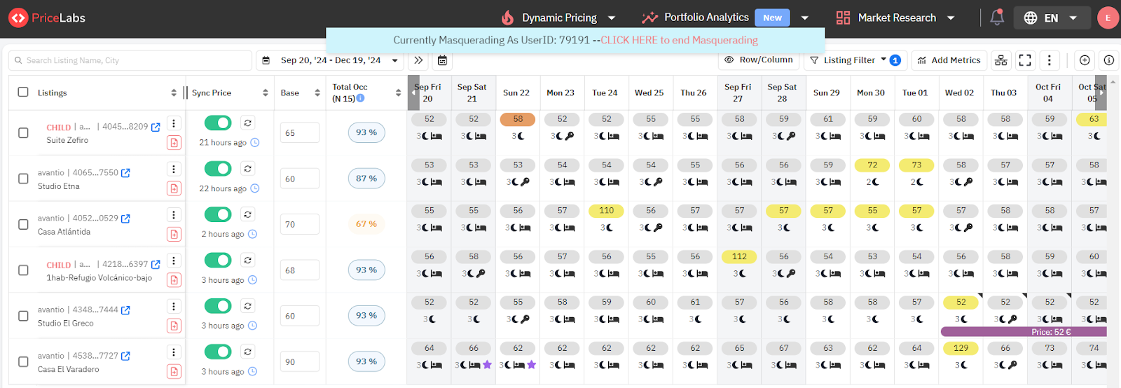 Multi-Unit Calendar in PriceLabs for Performance Tracking