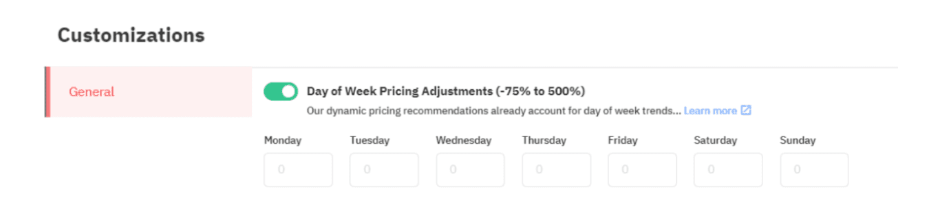 day of week pricing adjustments customizations PriceLabs