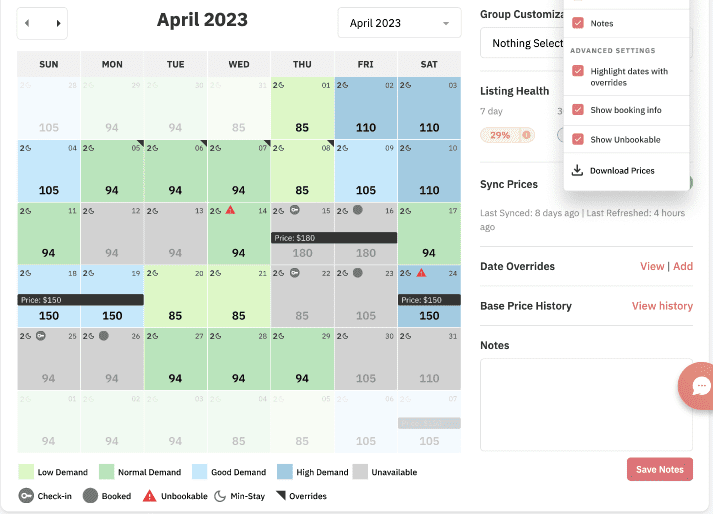 PriceLabs pricing calendar