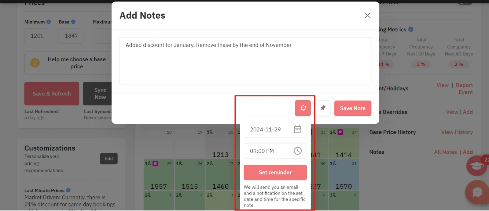 Reminder for notes in PriceLabs